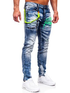 Granatowe spodnie jeansowe męskie slim fit z szelkami Denley E7853