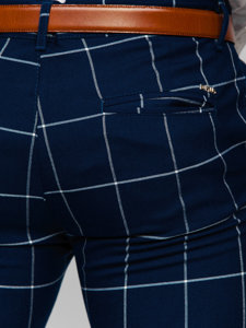 Granatowe spodnie materiałowe chinosy w kratę męskie Denley 0037