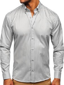 Szara  koszula męska w paski z długim rękawem Bolf 20726