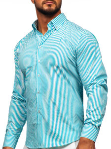 Turkusowa koszula męska w paski z długim rękawem Bolf 22731